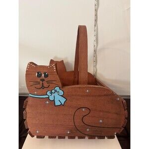 Kitty Cat Wood Basket Sawmill Collections folk art Hand Painted 9” VTG
